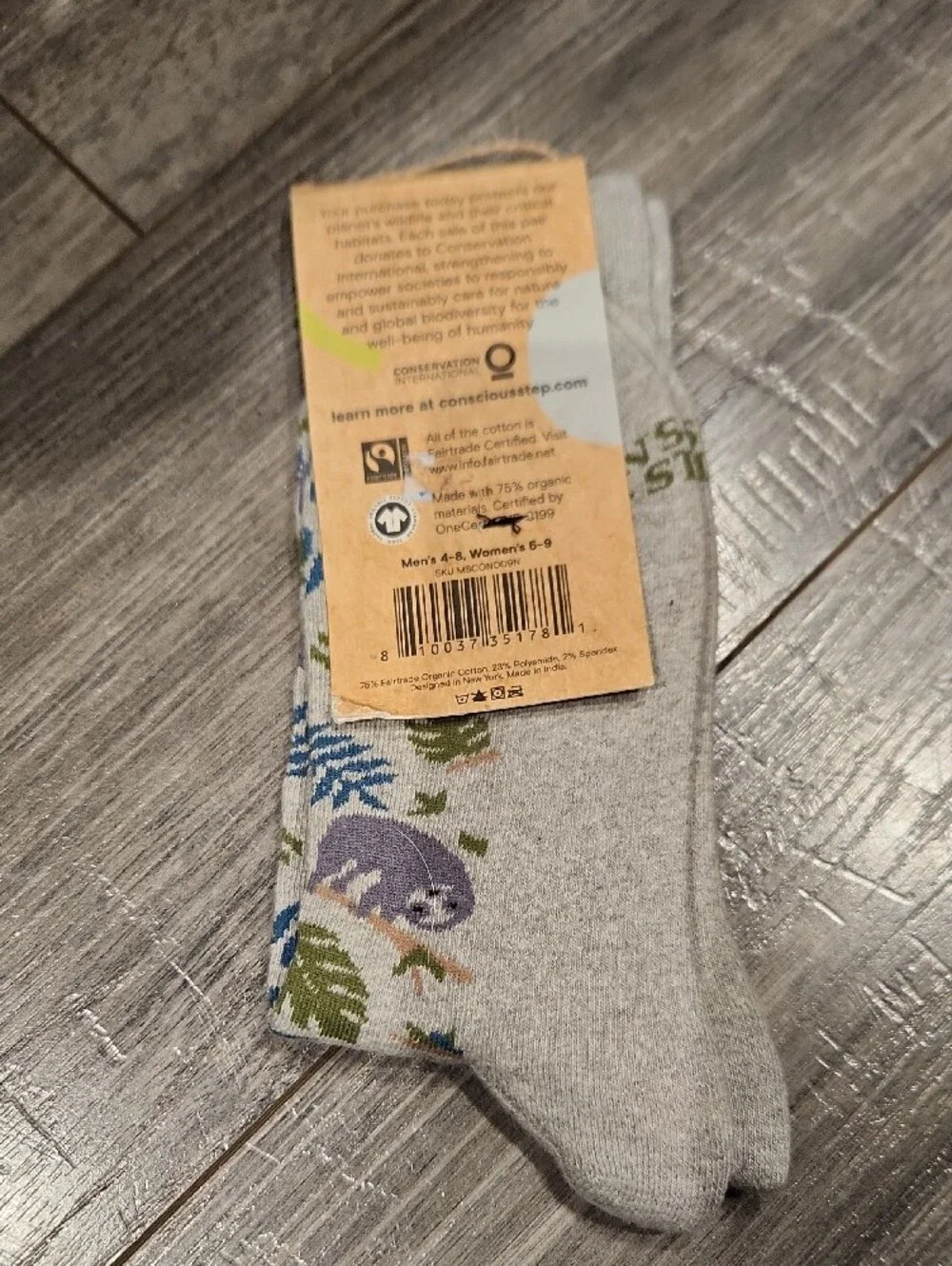 NWT Conscious Step ’s Sloth Print Crew Socks - Light Gray Sz S